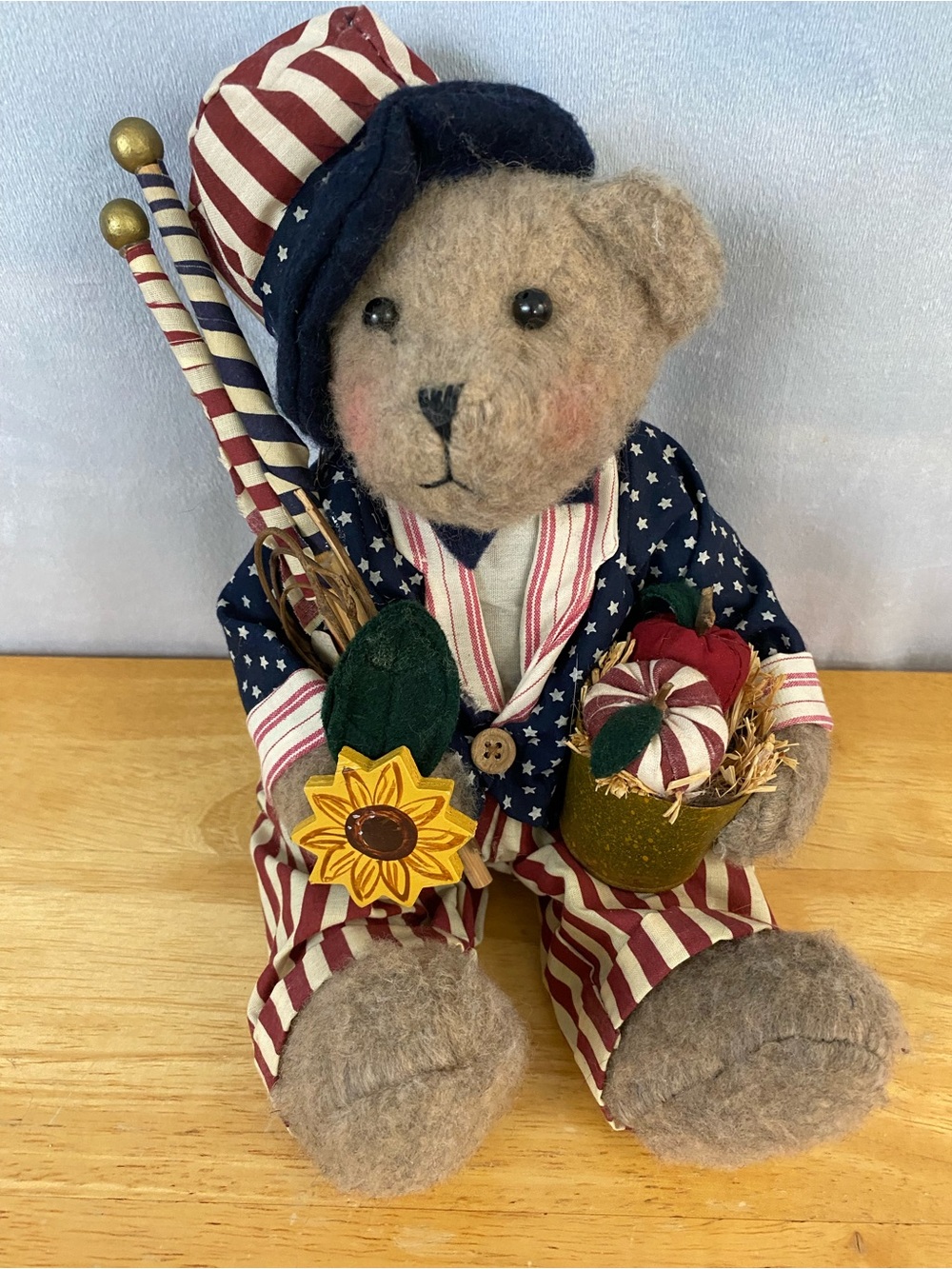 Patriotic Plush Bear with Sunflower & Fabric Apple